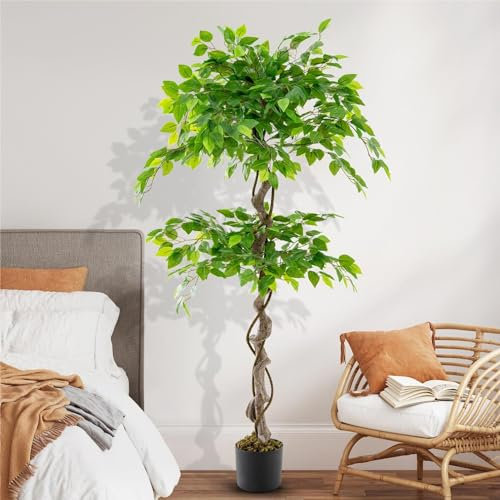 TANGZON 5FT/150CM Artificial Ficus Tree, 1/2 Pack Fake Ficus Plant in Pot with 882 Lifelike Leaves, Potted Faux Tree for Home Living Room Bedroom Office Corner Balcony Decoration (1)