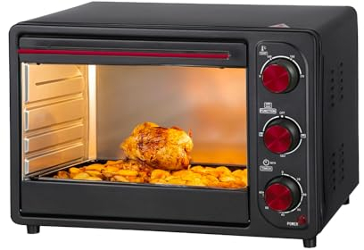 Elektrischer Ofen mit Grill und Backblech von 90 ° bis 230 ° – Elektroherd mit einstellbarem Thermostat und 5 Heizstufen, 68,5 x 47,5 x 44,2 cm, 65 l, 2200 W, Schwarz und Rot