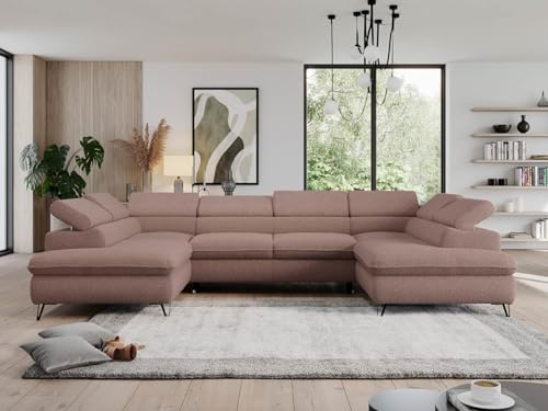 MKS MEBLE Sofa U, Wohnlandschaft U-Form, Ecksofa mit Schlaffunktion und Bettkasten, Schlafsofa mit Bettkasten, Couch mit Verstellbare Kopfstützen - Pedro U - Rosa Boucle