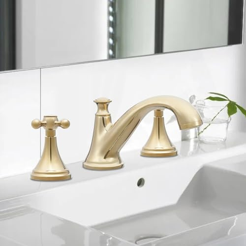 Robinet de lavabo doré en acier inoxydable et cuivre avec 2 poignées, robinet de lavabo de salle de bain avec tuyaux en acier inoxydable, robinet d'eau chaude et froide, mitigeur de salle de bain