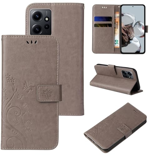 LBH Handy Hülle für Xiaomi Redmi Note 12 Case Handytasche Schmetterling Blumen Flower Standfunktion Schutzhülle Magnet Rundum Schutz 360 Grad Flipcase Cover Grau