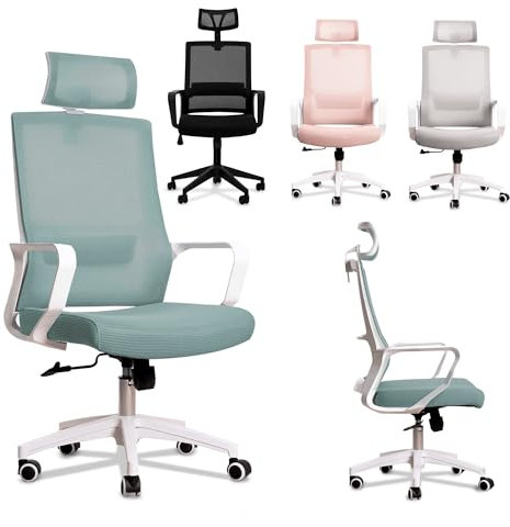 JUPPLIES Silla Escritorio Ergonomica - Silla Oficina Ajustable y Reclinable con Soporte Lumbar, Reposacabezas Ajustable, Malla Transpirable, Ruedas Giratorias 360° Soporta hasta 100kg (Azul)