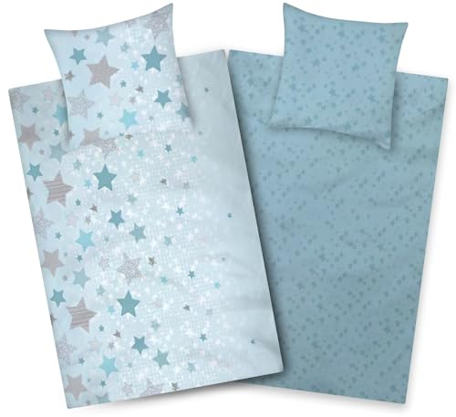 Aminata kids Bettwäsche 135x200 Sterne türkis Baumwolle Stern-Motiv, Reißverschluss weich & atmungsaktiv, Sommer-Bettwäsche-Set Damen Mädchen - Wendebettwäsche Mint