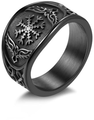 Joliernelle Schwarzer Vegvisir-Kompass-Amulett-Ring, Edelstahl, Helm der Ehrfurcht, Runenring, nordischer Wikinger, Valknut, Odin-Symbol, Schmuck, Größe 69