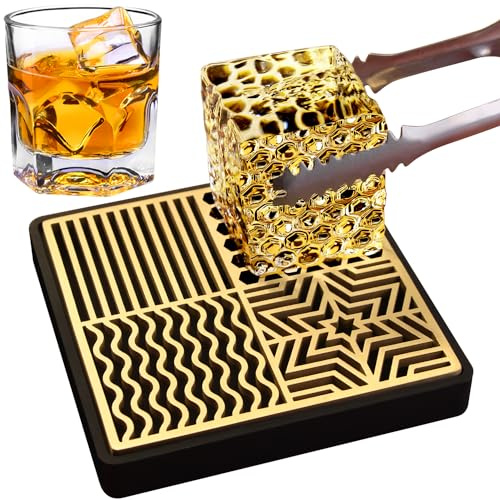 HRCOYES Ice Stamp Tray for Cocktails & Whiskey - Brass Ice Cube Imprinter - Modern Ice Molds Stamps - 4.6x4.6x0.7 inches - Rectangular - 1 Piece