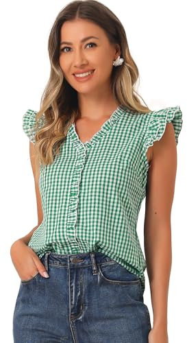 Allegra K Chemise à Carreaux Femme Haut Vintage Classique Manches Capes Blouse à Volants Chemisier Col en V d'Été Vert S