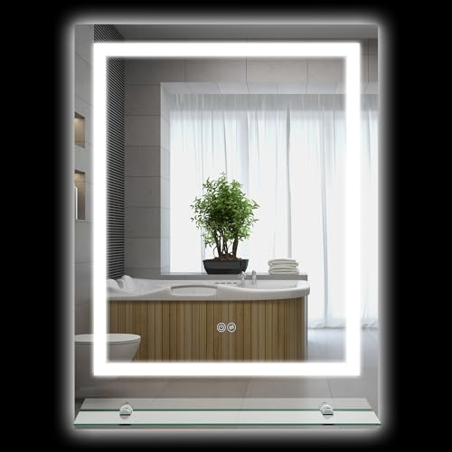 kleankin Dimmable Makeup Mirror with Storage Shelf, Bathroom Mirror with LED Lights, 3 Temperature Colours, Defogging Film and Memory Function, Hardwired, 80 x 60cm