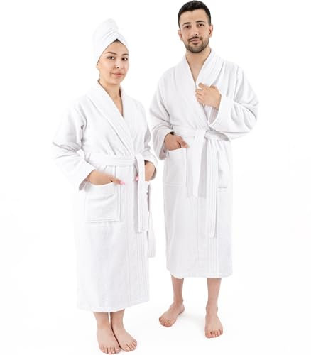 Hammetex Bademantel 100% Baumwolle Unisex für Damen und Herren, Hochwertig 400 g/m² Qualitat Weich Saugfähig Frottee Bademantel für Paare mit Taschen, Weiß