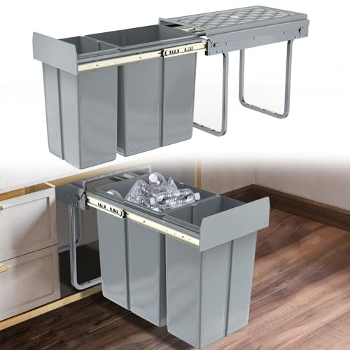 XINZI Cubo de basura para cocina, 2 compartimentos, 1 x 20 + 1 x 10 l, empotrable, sistema de separación de basura, cubo de basura con extracción completa