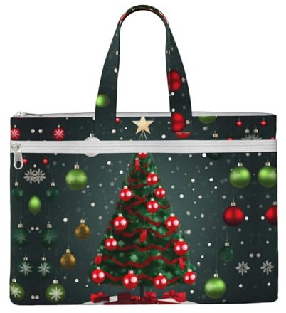 Dokumententasche aus Segeltuch, Motiv: Weihnachtsbaum und Ball, A4, mit Reißverschluss, Dokumententasche mit Griff, für Projekte, Meetings, Büro, Reisen