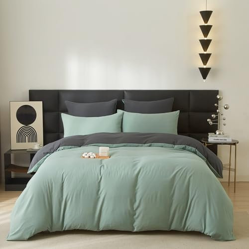 Gezu Coton Sets de Housse de Couette 220x240 cm Vert Sauge Parure de Lit Haut Gamme Plissé Coton Adulte 2 Personnes Moderne Doux Respirant Linge de Lit avec 2Taies d'oreiller 65x65cm Fermeture Éclair