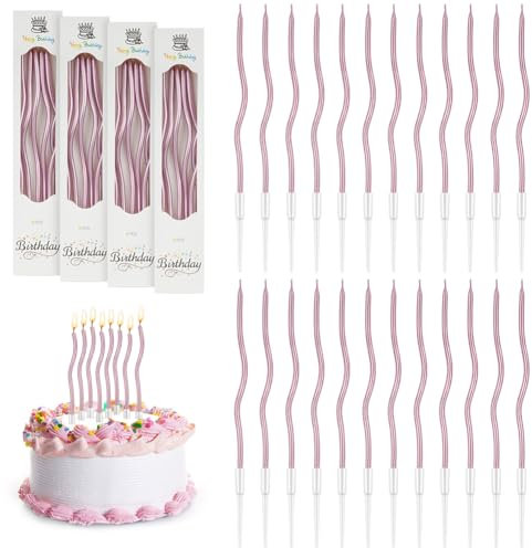 URAQT 24 Velas de Cumpleaños Retorcidas, Velas de Cumpleaños en Espiral en Soportes, Delgadas para Cupcakes para Cumpleaños, Bodas,Decoración de Fiestas, (Espiral de Oro Rosa)