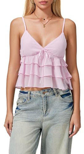 CocMouse Y2K Cami-Shirt für Damen, Spaghettiträger, durchsichtiges Netzgewebe, V-Ausschnitt, ärmellos, Schößchen, bauchfreies Top, Sommer, sexy, rückenfrei, rose, L