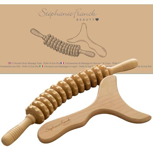 Stephanie Franck Beauty Set de Madérothérapie Corps en Bois avec Rouleau Courbé et Gua Sha, Outils de Massage Manuel Sculptant pour Jambes, Fesses, Ventre, Bras et Dos