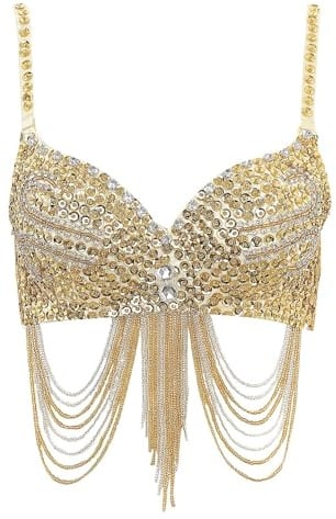 Bauchtanz Oberteil Bauchtanz-Kostüm for Damen, glänzendes Korsett, Bauchfreies Top, Fransen, Strass, Pailletten, Club-BH, Spaghettiträger, Bügel, Push-Up-Bustier