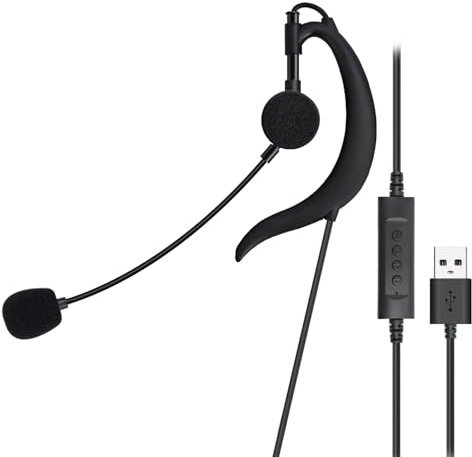 Écouteurs USB filaires avec micro perche, casque USB sur un seul côté avec crochets d'oreille enveloppants pour PC, Mac, ordinateur portable, centre d'appel, maison, bureau, webinaire, travail à