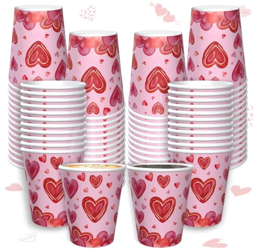LWYGEGJO 100 Pcs Mother's Day Cups 9 oz Disposable Paper Cups Heart Red Drinking Tea Disposable Valentines Coffee Cups for Valentines Day Party Supplies, Wedding Anniversary Birthday Décor