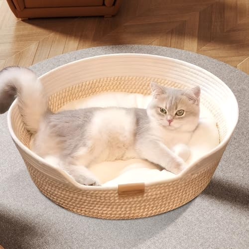Nzkeuf Lit pour Chat avec Coussin, 48 cm Panier pour Chat en Cordes de Coton Tressé, pour Tous Les Chats, Toutes Saisons, Universel