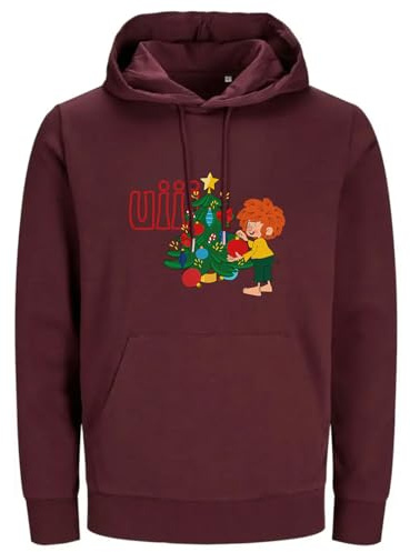 Bavariashop Pumuckl Hoodie uiii Weihnachten, Weihnachtspullover Weinrot | Pumuckl Weihnachtspulli aus Bio-Baumwolle mit Christbaum-Motiv, Kängurutasche, Weihnachts-Hoodie für Damen und Herren