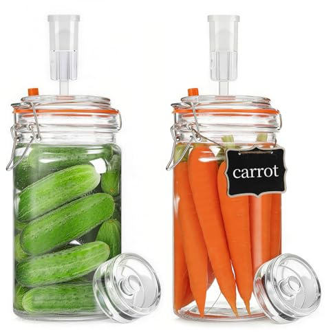 Rlssaki 2 Piezas Tarros de Fermentación con Cierre de Aire,1000ml | Fermentadora con Pesos,Tarros de Cristal con Tapa Hermética,Vasos de Cristal Transparente, para Kimchi,Kombucha y Encurtidos