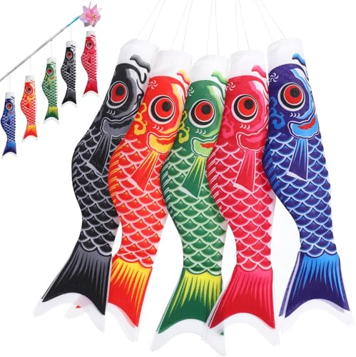 YARNOW Japanische Karpfen Windsäcke 5 Stück Bunte Fischflaggen Dekoration | Koinobori Drachen für Garten Restaurant und Feste Wetterfestes Satin Fischflagge Set 40 cm