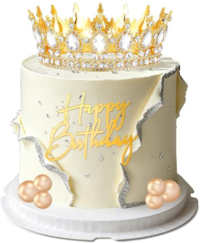 Krone für Torte, 8 Stück Tortendeko Krone mit Tortendeko Kugeln, Happy Birthday Tortendeko, Krones Kuchen Deko für Geburtstage, Hochzeiten, Partys, Jubiläen (Goldweiß)