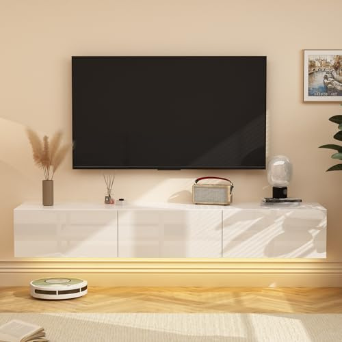 DEZAGCE White Floating TV Unit Cabinet, Wall Mounted TV shelf with 3 Drawers, Adjustable 3 Color LED Light, Entertainment Center for Living Room, Floor-standing Available,160CM
