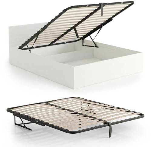 AKORD Metall-Lattenrost 160x200 cm mit Gasdruckfeder Hebemechanismus, 28 Holz-Leisten, Geteilter Bettrahmen bis 200kg belastbar, Schwarz