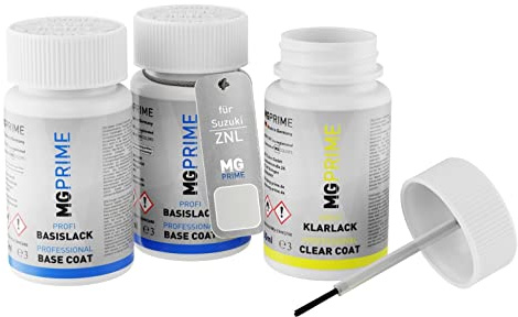 MG PRIME Autolack Lackstifte für Suzuki ZNL Cool White Pearl + Klarlack | Set aus Grundlack + Basislack + Klarlack, Lackfläschchen mit Pinsel, je 50ml