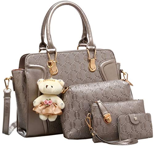 FiveloveTwoDamen 4Tlg. Handtaschen Set Umhängetasche Schultertasche Tasche PU Shopper Clutch Kartenhalter Geldbörse Tragetasche mit Bär Ornamente (Champagne)