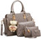 FiveloveTwoDamen 4Tlg. Handtaschen Set Umhängetasche Schultertasche Tasche PU Shopper Clutch Kartenhalter Geldbörse Tragetasche mit Bär Ornamente (Champagne)