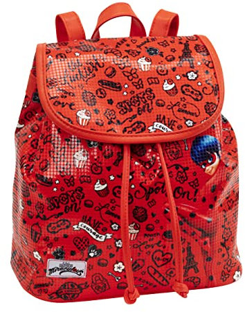 MIRACULOUS - Zaino Scuola e Free Time Personalizzato Ladybug, Chiusura Regolabile a Cordoncino e Patta Magnetica - Zainetto Bambina e Bambino con Spallacci e Maniglia, 23x25hx12 cm, Rosso con Stampa
