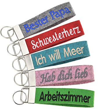 Schlüsselanhänger mit Text bestickt in 20 Filz-Farben - mit Text, personalisiert, Bestickung Name Wunschtext Schlüsselband