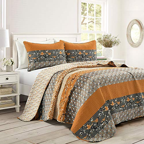 Lush Decor Royal Empire Reversible Cotton Quilt Set, 3 Piece Set Full/ Queen, Yellow & Gray - Striped Bedding Set - Floral Quilt Queen Size - Boho Decor