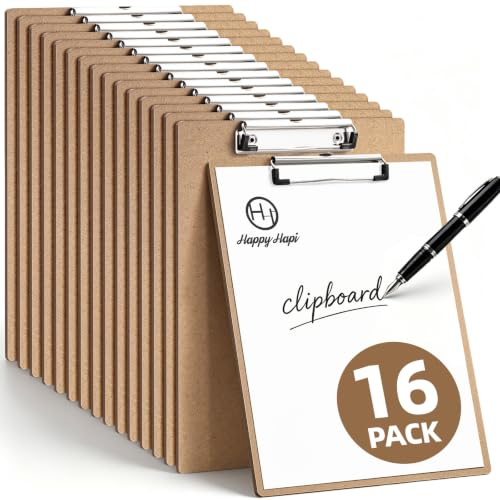HappyHapi 16 Pack Clipboard 8.5 x 11 Letter Size Clip Boards Bulk, A4 Wooden Hardboard Office Clipboards Pack for Classroom, Work-Meetings, Brown