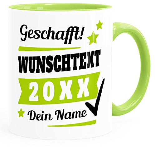 SpecialMe® Tasse mit Name personalisiert Geschafft! eigener Text Geschenk Abschluss-Prüfung inner-hellgrün Keramik-Tasse