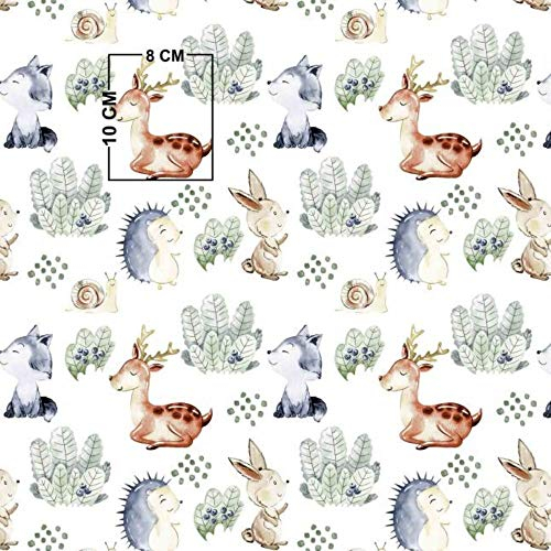 100x160cm Tiere Wald 2 100% Baumwolle Baumwollstoff Kinder Meterware Handwerken Nähen Stoff (Reh Igel Hase Schnecke, 100x160cm)