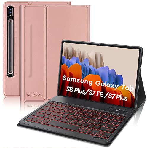 IVEOPPE Funda con Teclado para Samsung Galaxy Tab S7 FE/S7 Plus/S8 Plus 12.4, Teclado Español Ñ Bluetooth Inalámbrico Desmontable Retroiluminado, Rosa