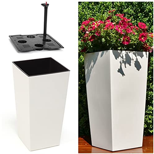 MELTOM XL Pflanzkübel mit Bewässerungssystem aus Kunststoff in Hochglanz Farbe: Creme mit Herausnehmbaren Einsatz, BxTxH in cm: 30 x 30 x 57 cm