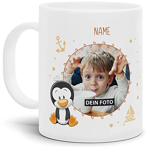Tassendruck Kinder-Tasse mit Tiermotiv Pinguin - mit Foto, Name & Wunschtext selbst gestalten - Für Mädchen & Jungen - BPA-freie Kunststoff-Tasse, 300 ml I Personalisiertes Geschenk für Kinder