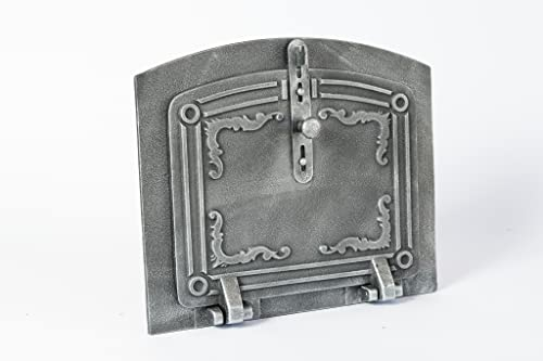 SEZAM Porte de four en fonte légère - avec loquet de porte, semi-circulaire, porte de four à pizza - porte de four à pain - porte de four en pierre, 31,5 x 3,5 x 37 cm, argent antique peint
