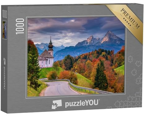 puzzleYOU: Puzzle 1000 Teile „Maria Gern Kirche und Watzmann im Herbst, Bayern, Deutschland“ – aus der Puzzle-Kollektion Alpen, Watzmann, Berge & Täler, Bayerische Alpen