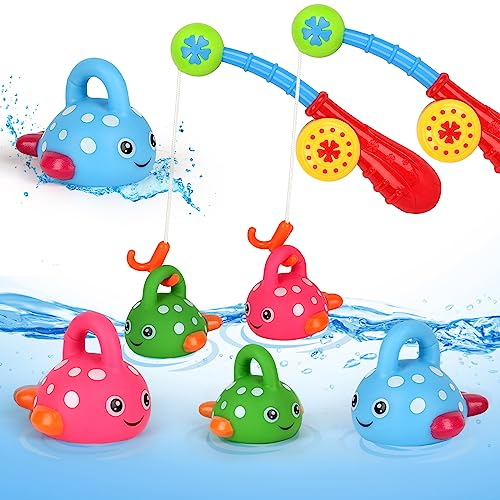kramow Baby Badespielzeug, Badewannenspielzeug mit 6 farbigen Fischen und 2 Angelruten in zufälliger Farbe, Badewannen Spielzeug Wasserspielzeug für Kinder Junge Mädchen über 18 Monate alt
