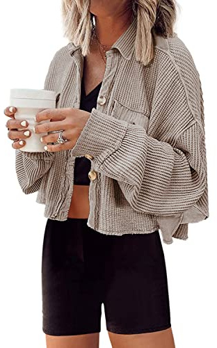 Panadila Women's Cropped Waffle Knit Shacket Short Button Down Jacket Batwing Sleeve Shirts with Pocket(Light Khaki,S)
