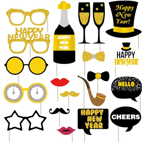 Silvester Deko 2025, 20 Stück Silvester Foto Requisiten, Fotobox Happy New Year 2025 Deko Fotoaccessoires Neujahr Geburtstag, Silvester Foto Requisiten Neujahr Party Accessoires,Party Fotobox Zubehör