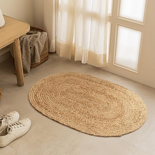 HOMEMONDE Wendbare ovale Jute-Fußmatte, handgewebte Naturfaser, Eingangsteppich für Küche, Bad und Waschküche, 60 x 90 cm, Natur