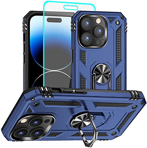 Aozuoton iPhone 14 Pro Case with HD Screen Protector, Military Grade 16ft Drop Tested, Rotatable Kickstand, Blue