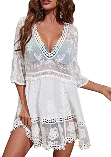 RITOSTA Women's Beach Cover ups Bikini Swimsuit Swimwear Cover Up Swim Sarongs for Women Beachwear Beach Dress Bathing Suit Summer Casual Lace Floral V Neck (White,One Size)