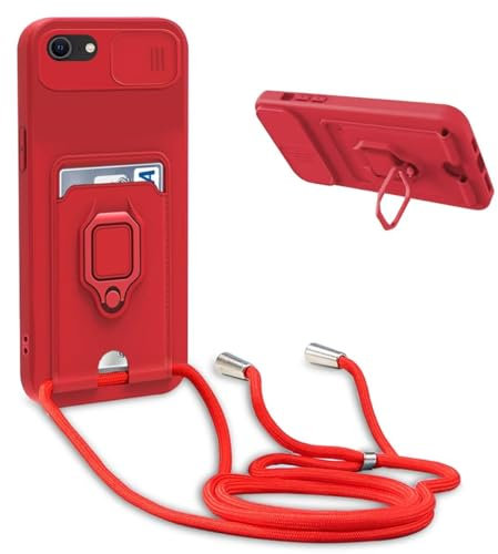 FMPCUON for Apple iPhone 8/7/SE Case with Camera Cover Silicone Card Holder Phone Cover with Adjustable Necklace Strap Cord Lanyard Shockproof Protective Case with Roating Ring Stand red