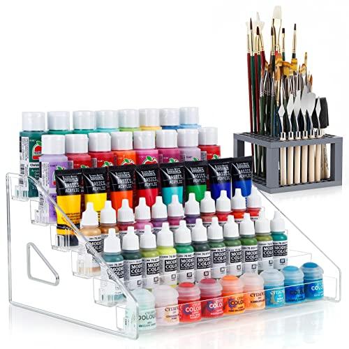 ARFETIGO Organiseur de peinture acrylique à 6 couches et support de pinceaux à peinture à clipser - Facile à assembler - Pour loisirs créatifs, modèles miniatures - Gris (Grey)